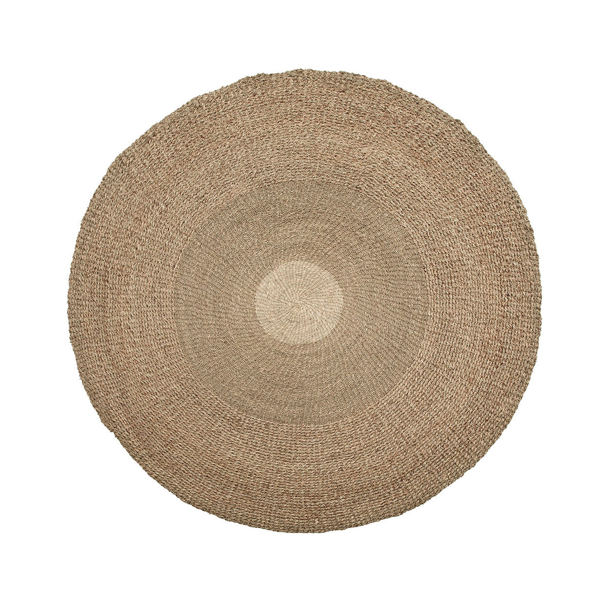 Tapis rond en jonc de mer de 200 cm vu de dessus avec son disque central clair et ses trois tons