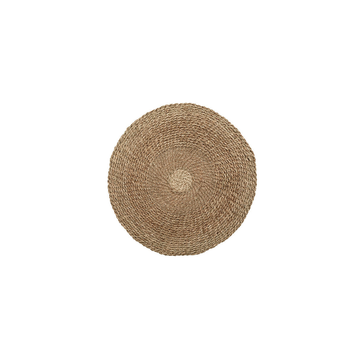 Tapis rond en jonc de mer de 90 cm vu de dessus avec son petit disque central clair sur fond blanc