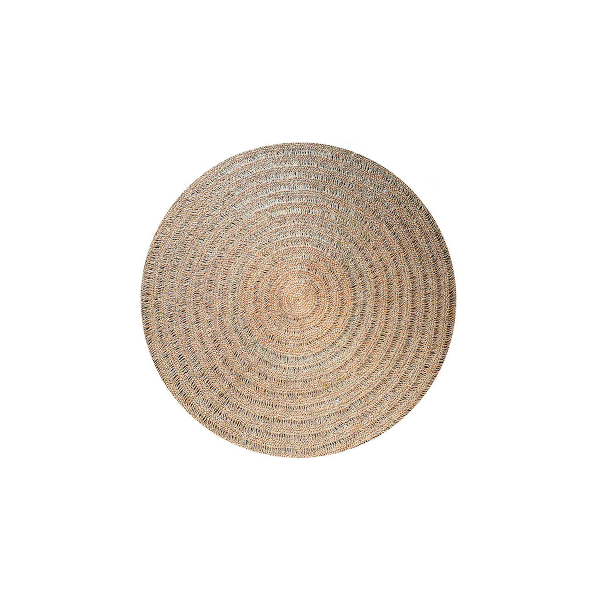 Tapis rond en jonc de mer vu de dessus avec son centre serré et ses cercles ajourés
