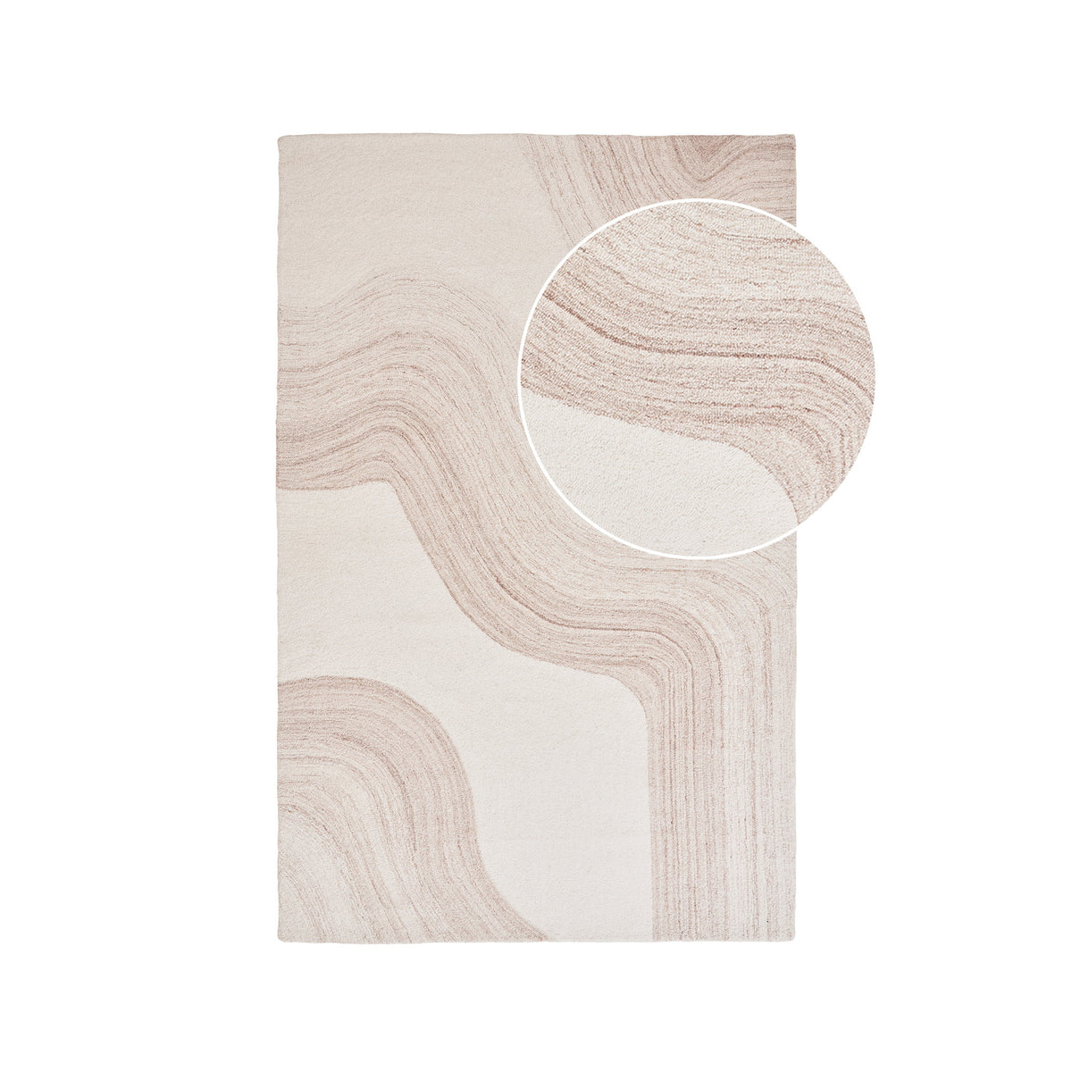 Tapis Surat vu du dessus vagues brun clair veinées sur fond ivoire avec une loupe sur le poil