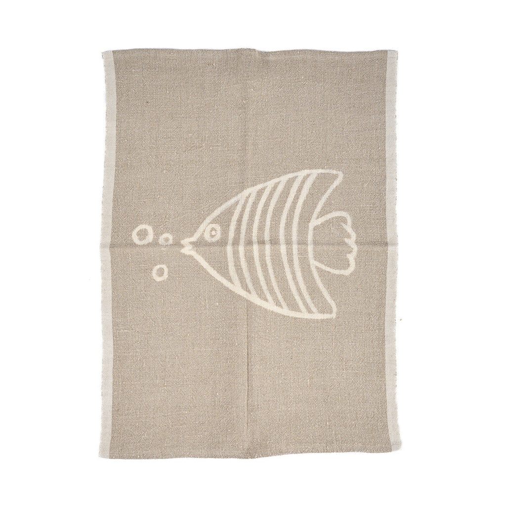 Torchon de cuisine Fish en lin naturel à motif poisson écru 50 x 70 cm
