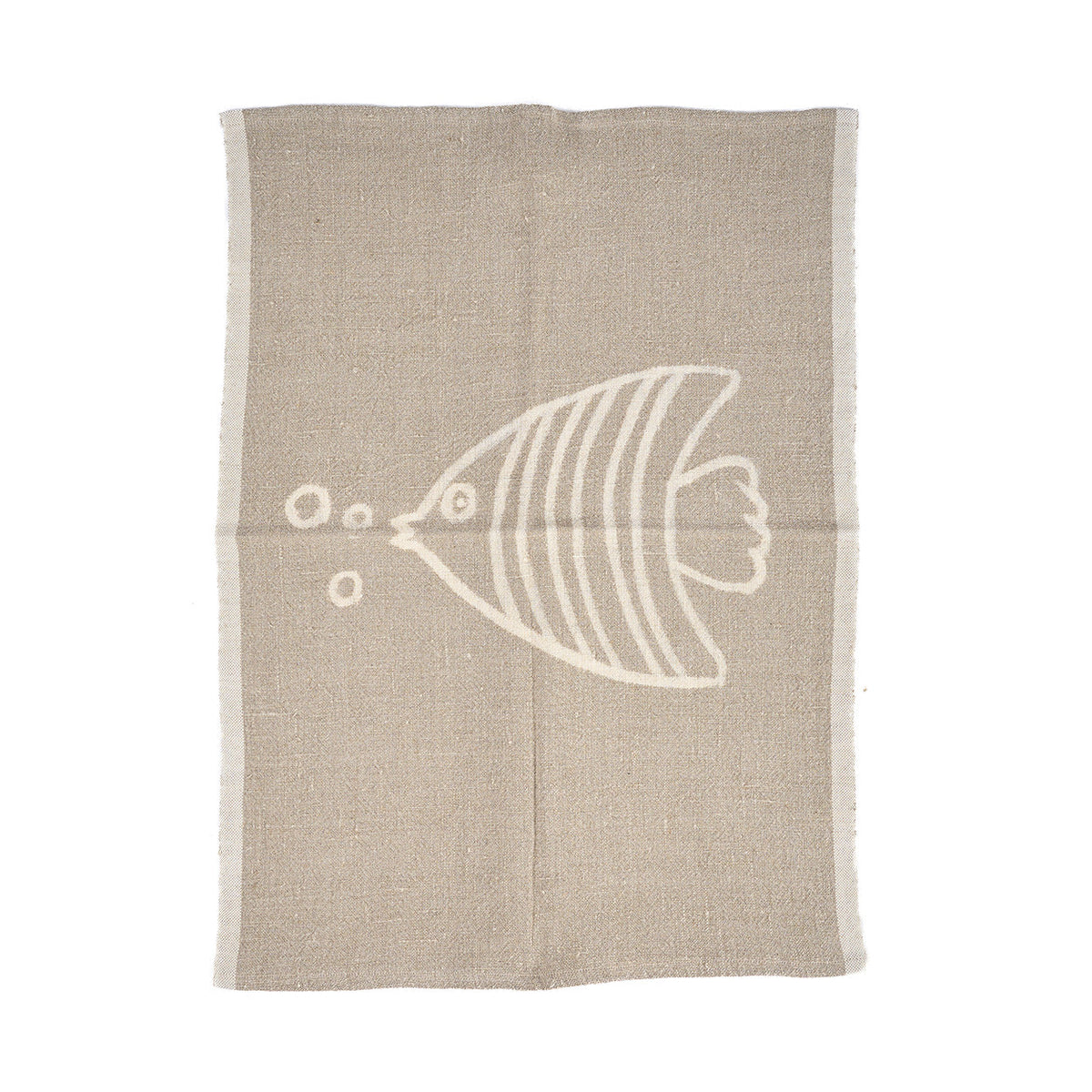 Torchon de cuisine Fish en lin naturel à motif poisson écru posé à plat sur fond blanc