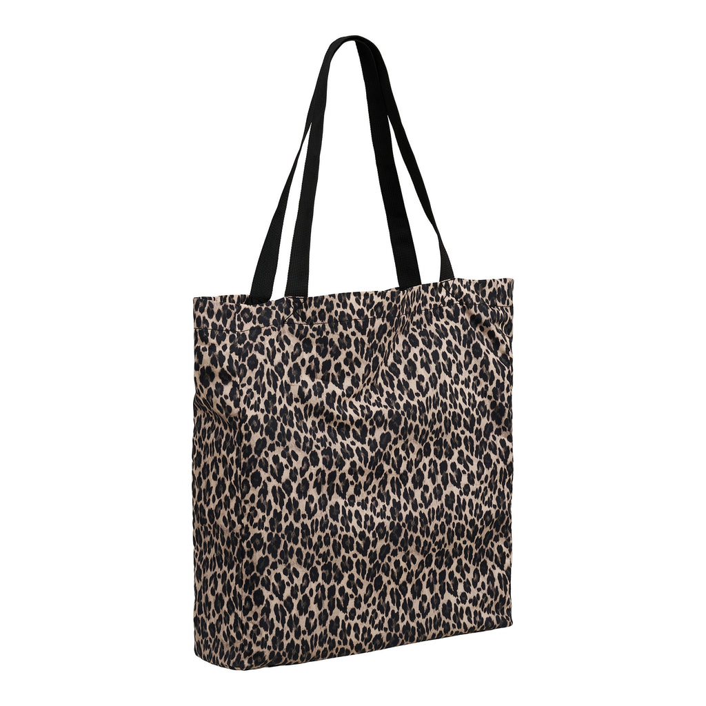 Tote bag Ava imprimé léopard sable et noir anses sangle vue trois quarts