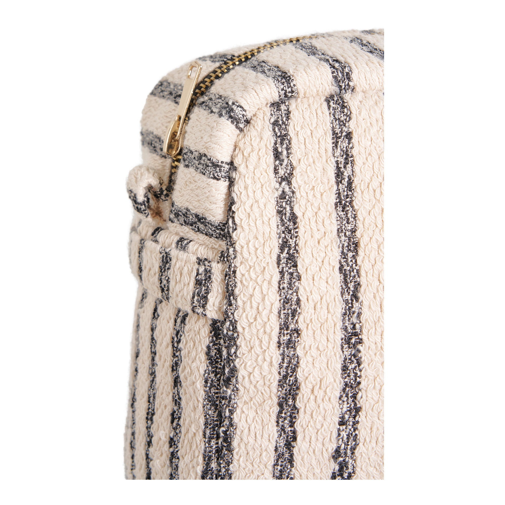 Trousse Nador bouclette crème rayures noires détail fermeture zip dorée gros plan