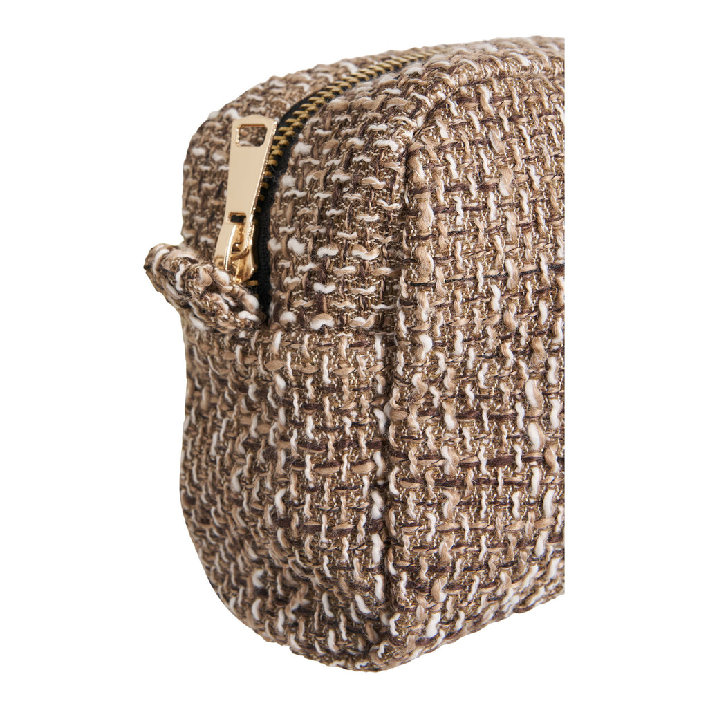 Trousse Safi tweed chiné brun détail fermeture éclair dorée gros plan