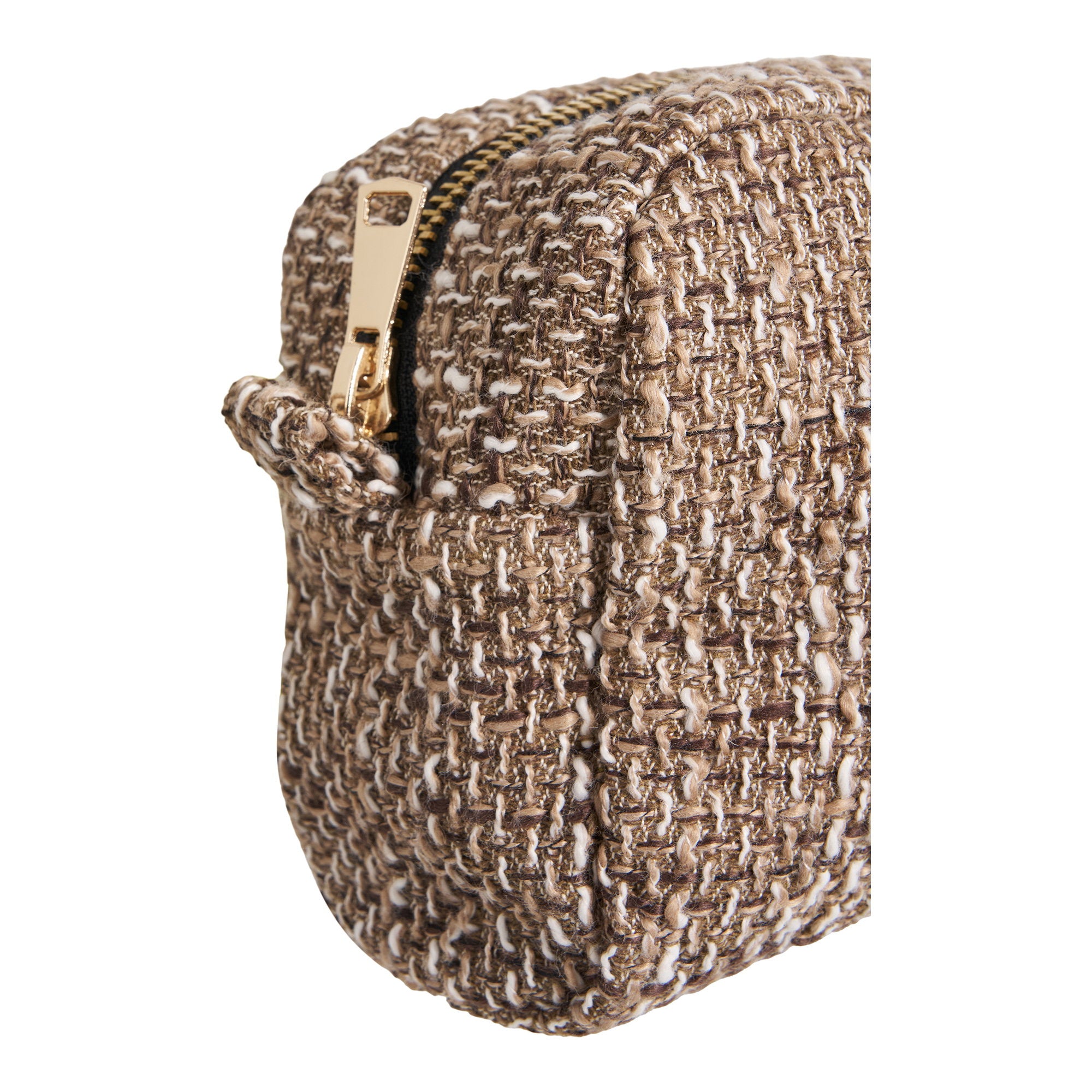 Trousse Safi tweed chiné brun détail fermeture éclair dorée gros plan