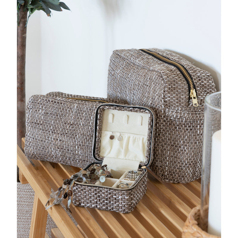 Dimensions Set of 2 Safi Pouches – Brown Marl Tweed & Gold Zipper – Large & Small