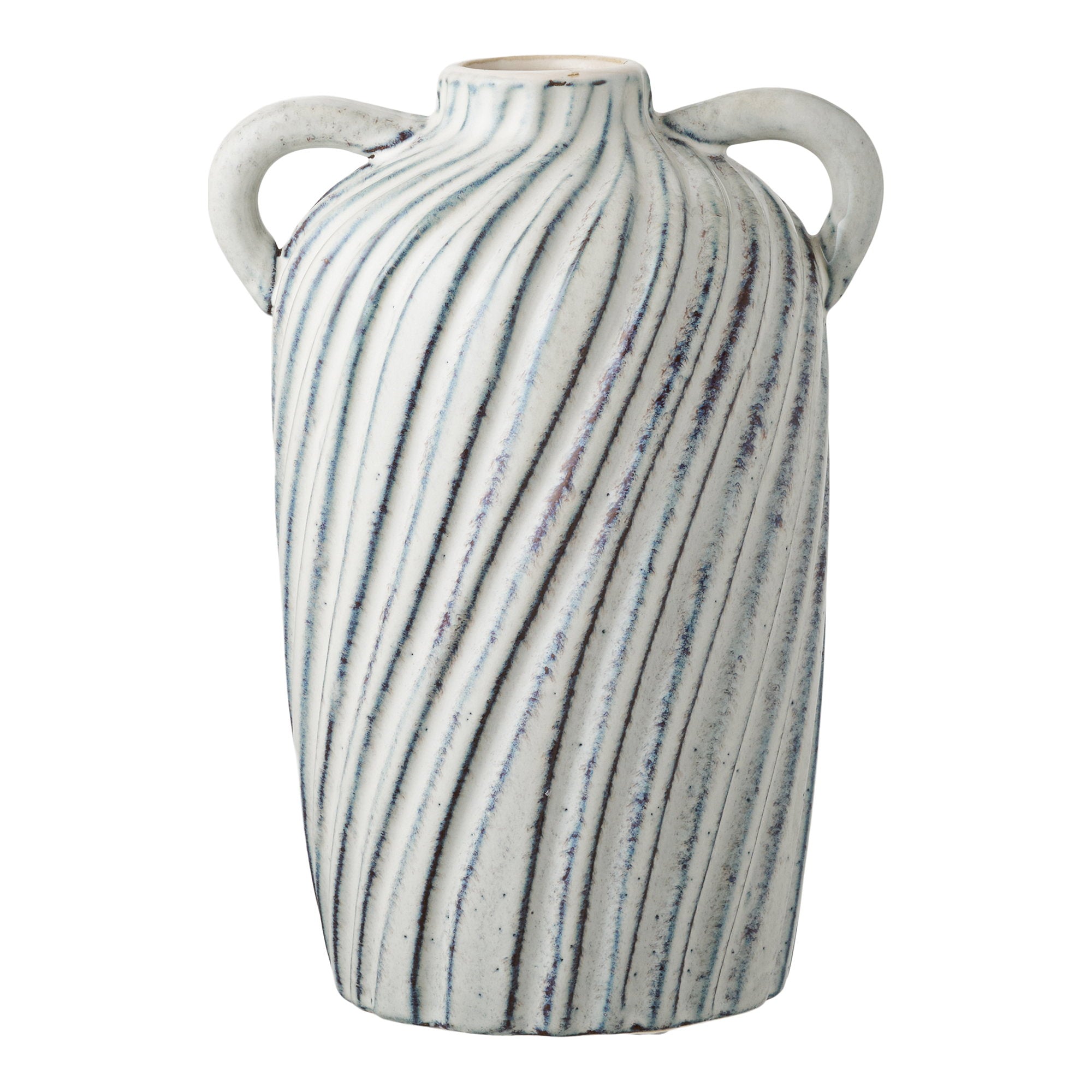 Vase amphore céramique blanc rayures bleues diagonales 2 anses vue de face