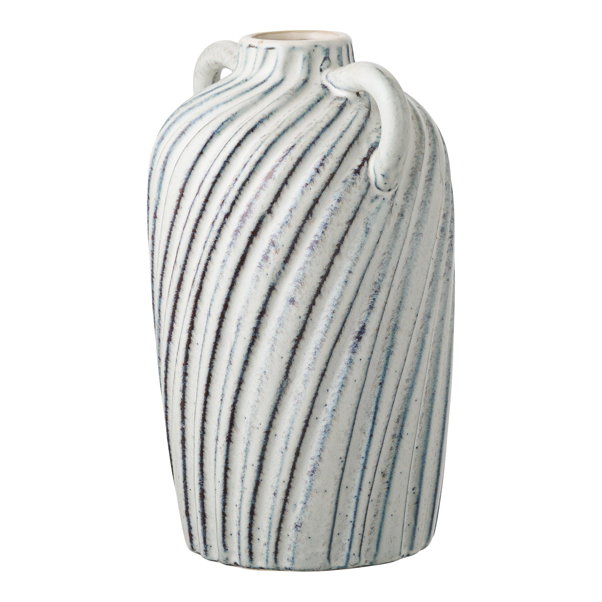 Vase amphore céramique blanc moucheté rayures bleu brun anses vue trois quarts
