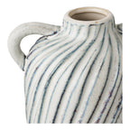 Détail anse et glacure rayures diagonales bleu gris brun vase amphore céramique