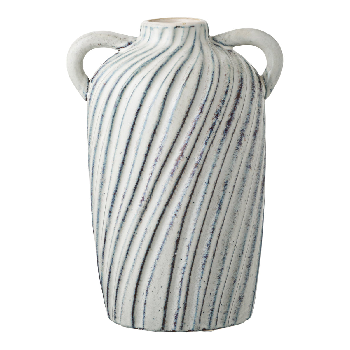 Vase amphore en céramique blanche à rayures bleues en relief vu de face avec ses deux anses
