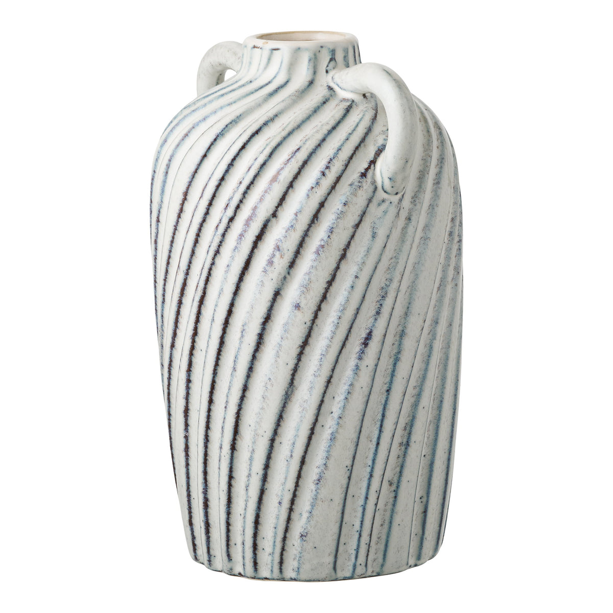 Vase amphore en céramique rayé bleu vu de trois quarts avec ses stries diagonales