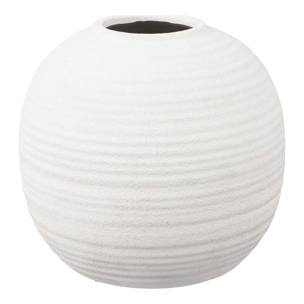 Vase boule céramique blanc strié horizontal ø30 cm vue de face fond blanc