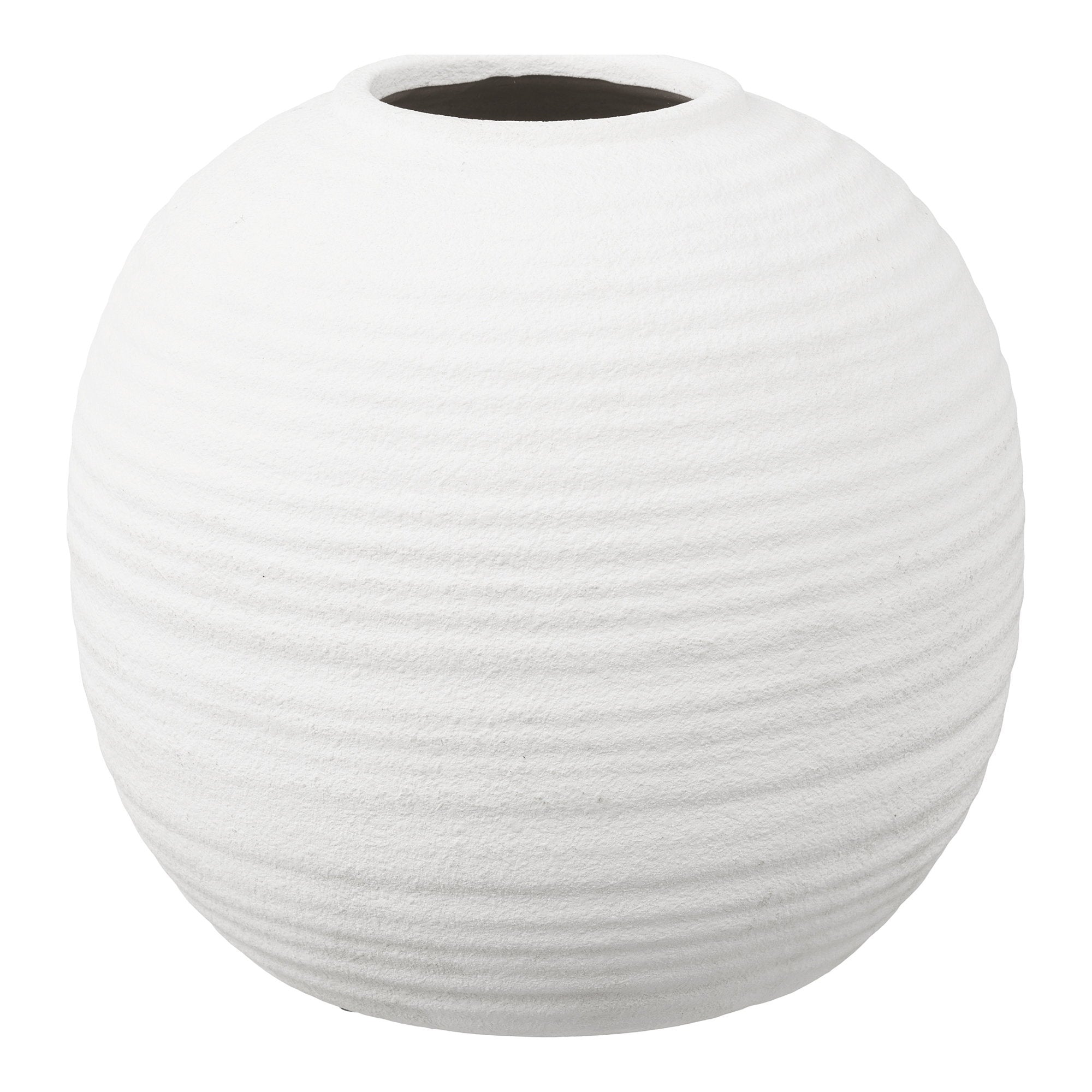 Vase boule céramique blanc strié horizontal ø30 cm vue de face fond blanc