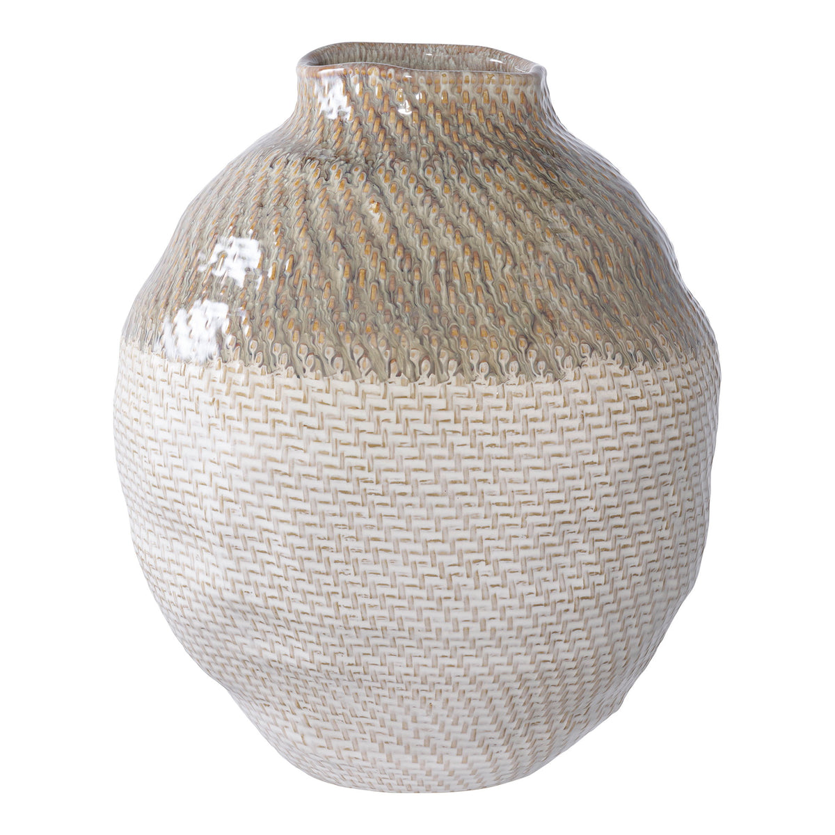 Vase boule en céramique à motif tressé blanc et haut brillant beige vu de face sur fond blanc