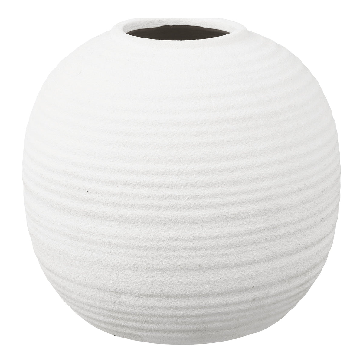 Vase boule en céramique blanche striée vu de face avec son ouverture décentrée et sa finition mate granuleuse