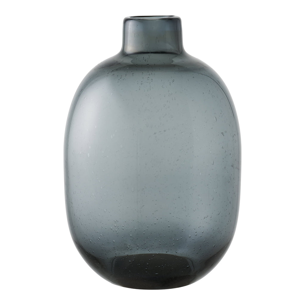 Vase bouteille verre soufflé fumé noir bulles ø23 cm vue de face fond blanc