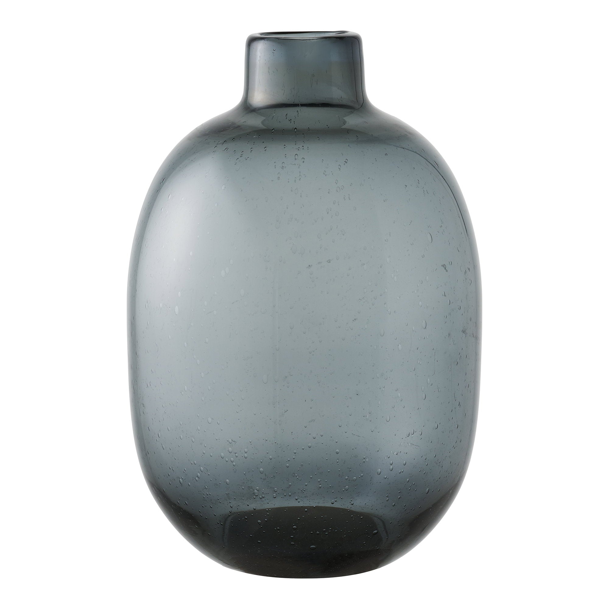 Vase bouteille verre soufflé fumé noir bulles ø23 cm vue de face fond blanc
