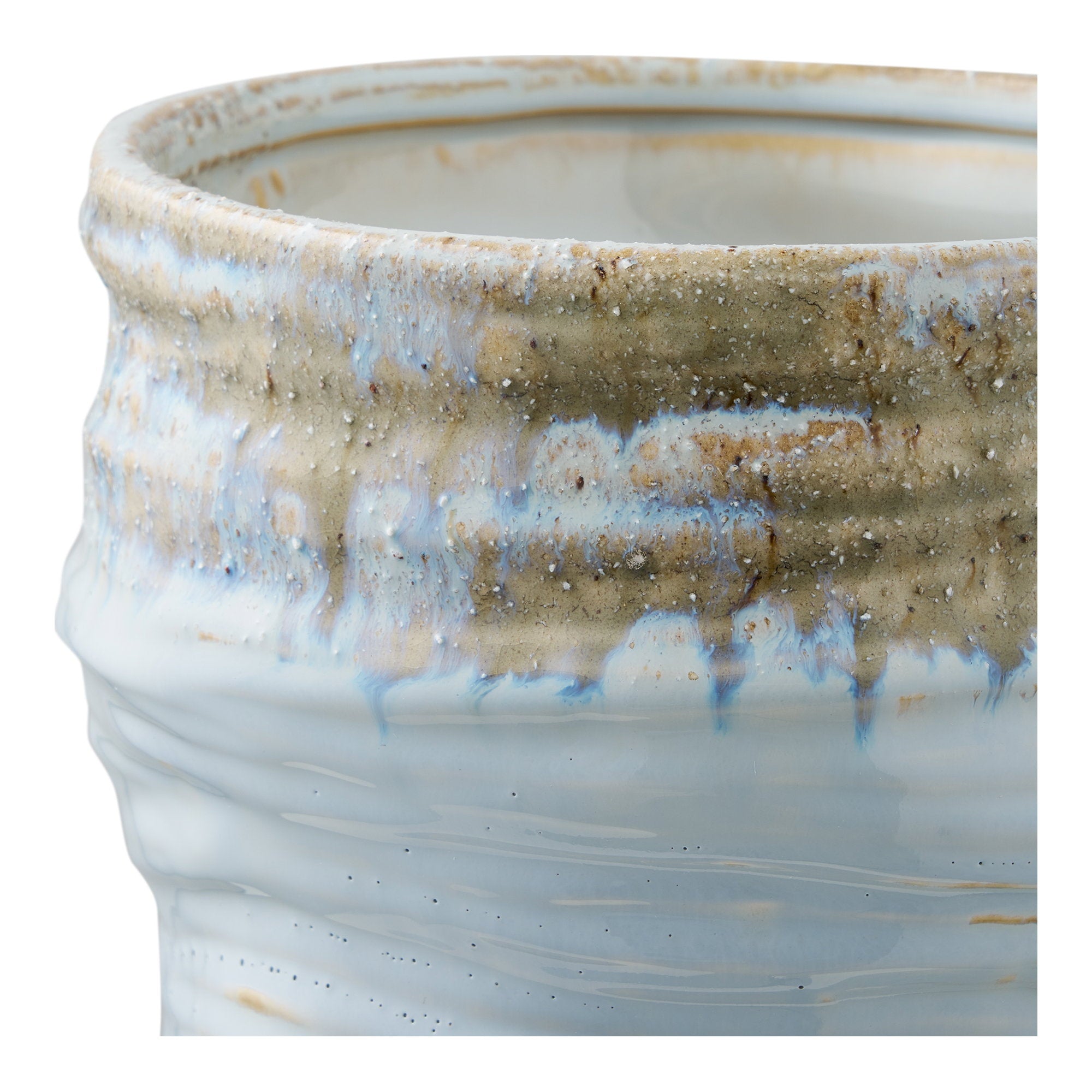 Vase céramique bleu glacier détail bord glaçure bicolore ocre et bleu texturé fait main