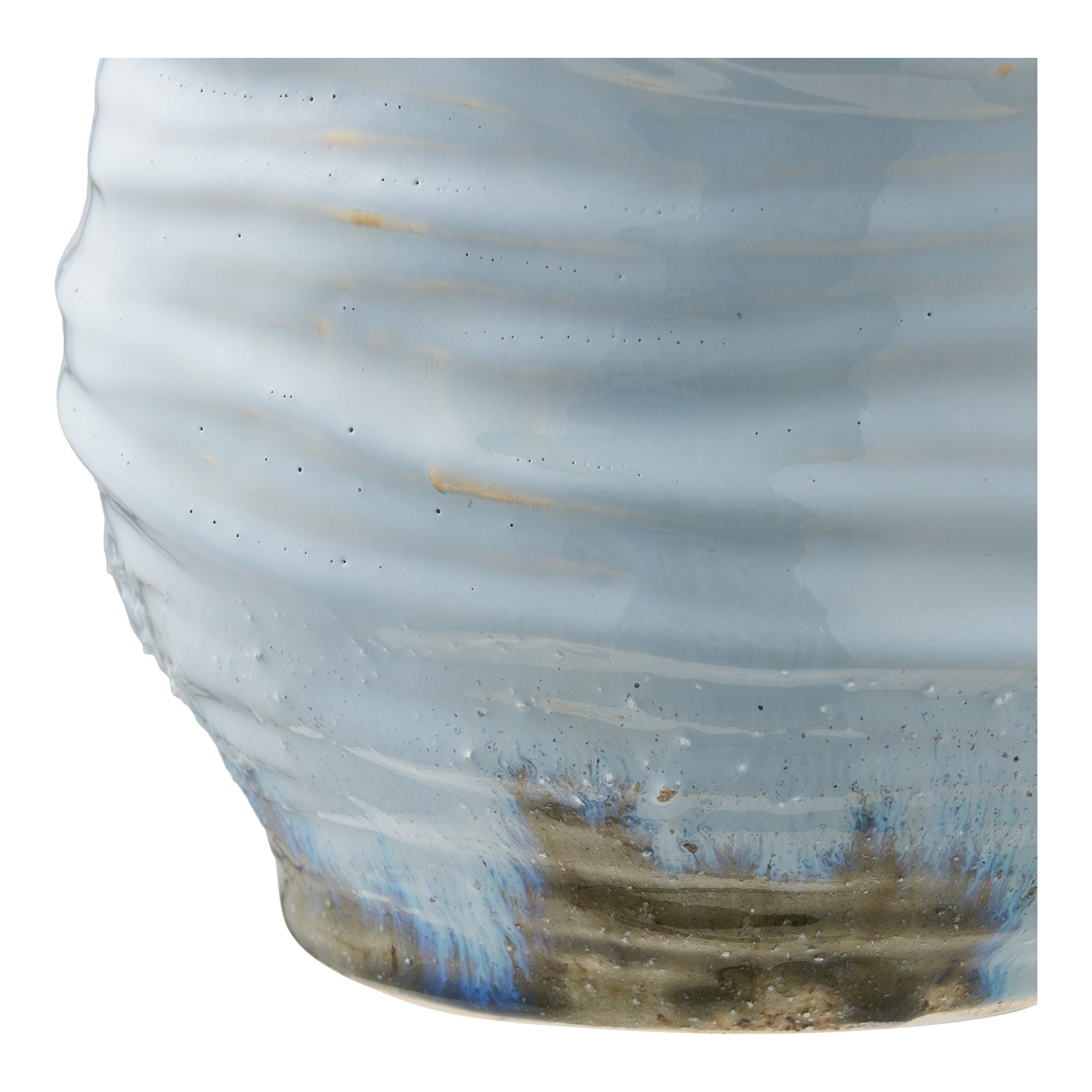Vase céramique bleu glacier détail base glaçure coulures bleu profond et ocre artisanal