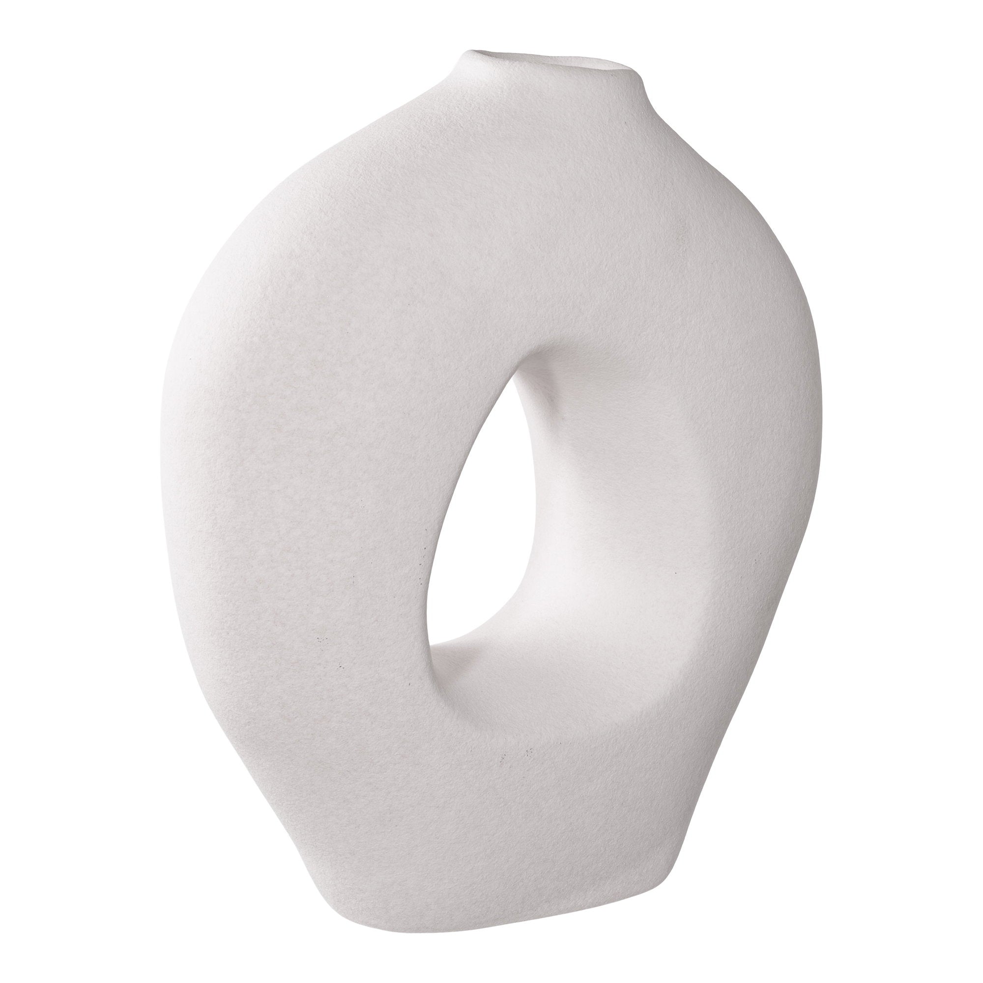 Vase céramique blanc mat forme anneau ajouré triangulaire vue trois quarts