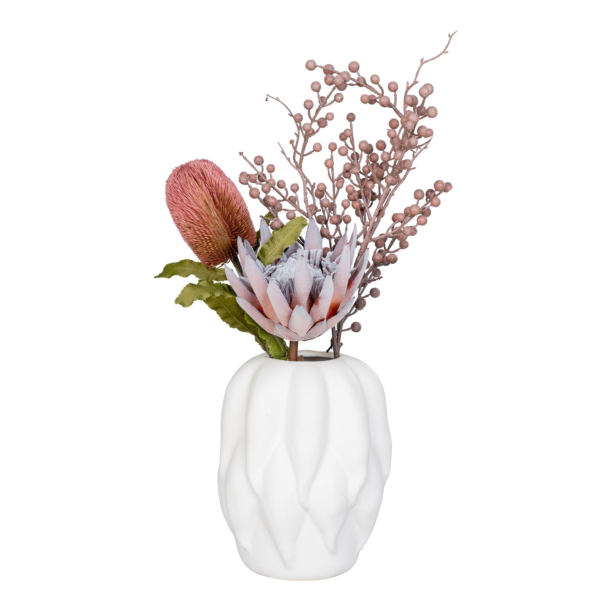Vase céramique blanc texturé avec composition de fleurs séchées protéa et baies roses