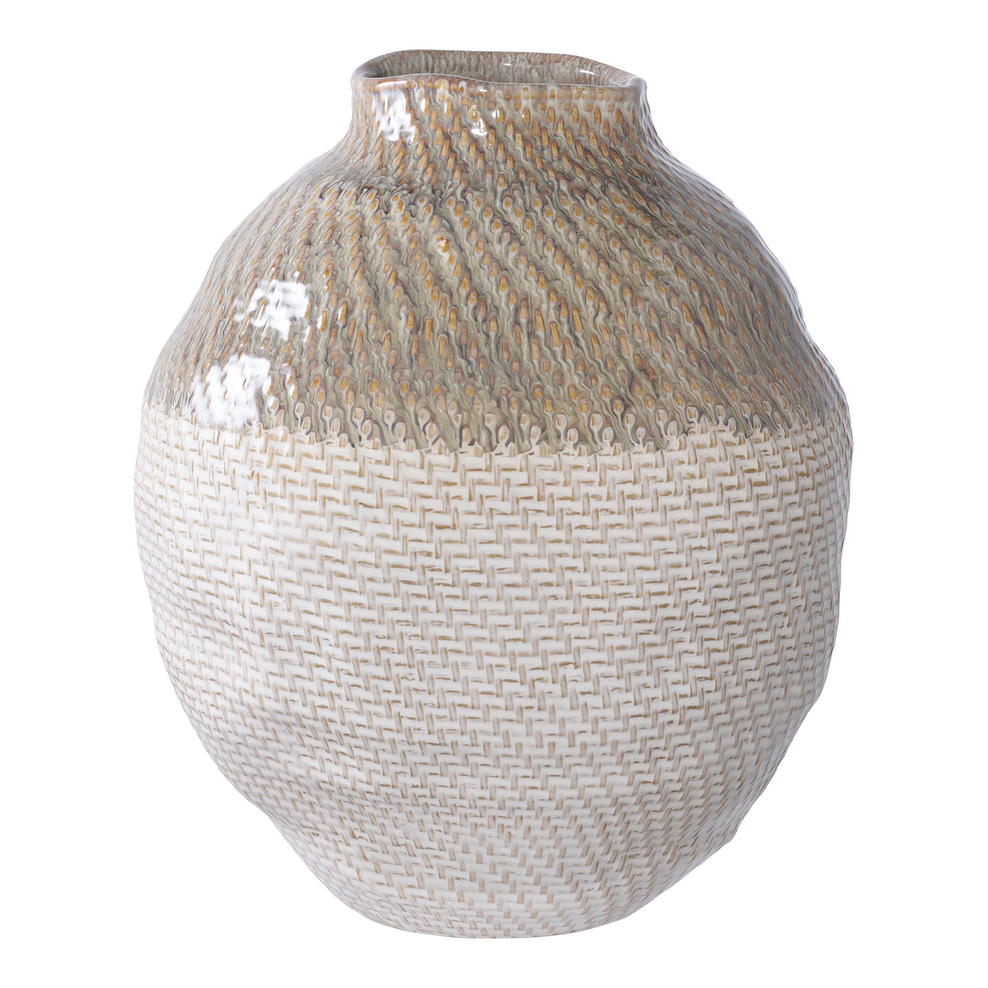 Vase céramique blanc vert double texture tressée mouchetée ø26 cm vue face