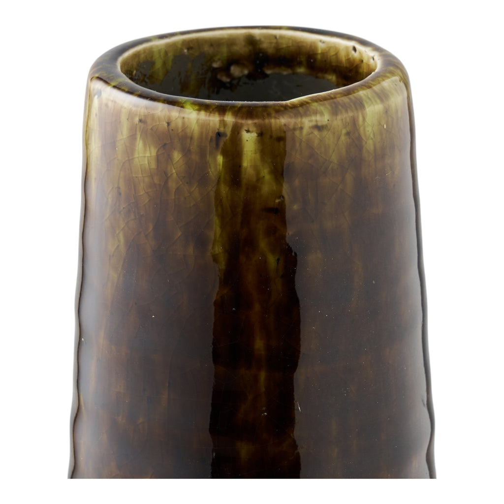 Vase céramique brun tabac détail col évasé glaçure kaki reflets noirs vue rapprochée