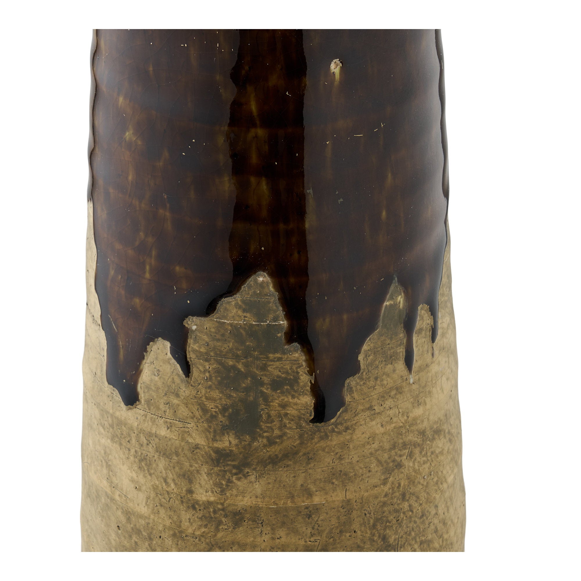 Vase céramique brun tabac détail frontière coulures glaçure sur grès brut ocre artisanal