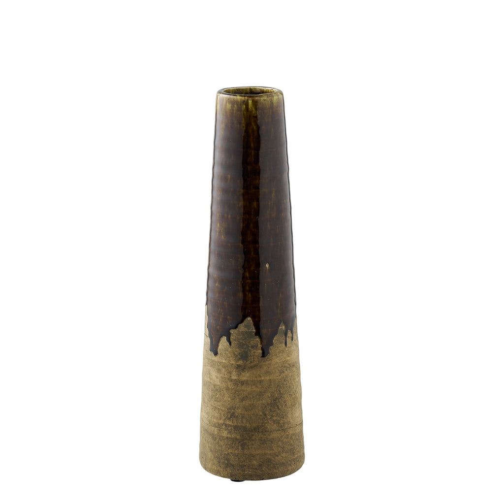 Vase céramique effilé brun tabac grès brut bicolore Ø11 H39 cm vue de face artisanal