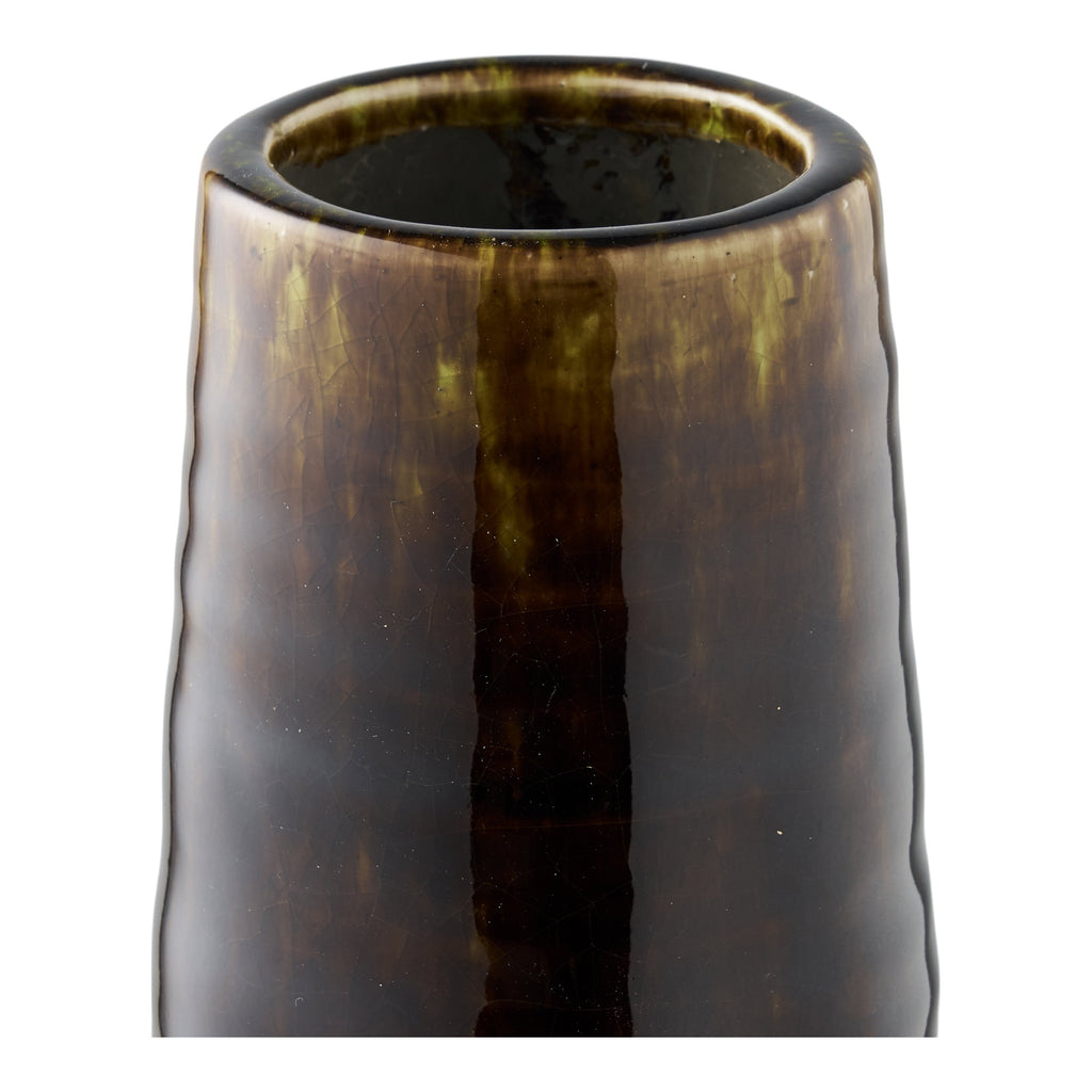 Grand vase céramique brun tabac détail col évasé glaçure kaki reflets noirs vue rapprochée
