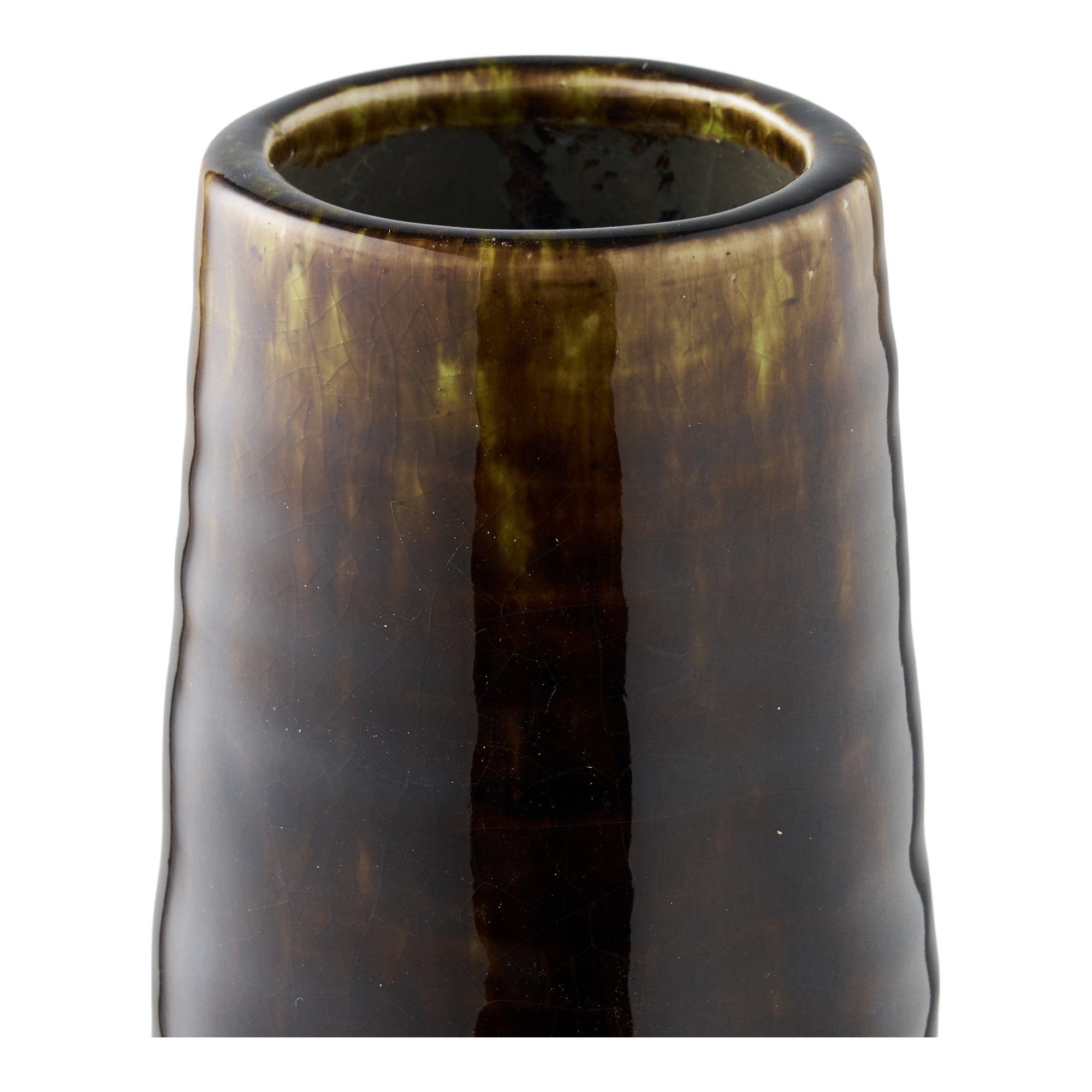 Grand vase céramique brun tabac détail col évasé glaçure kaki reflets noirs vue rapprochée