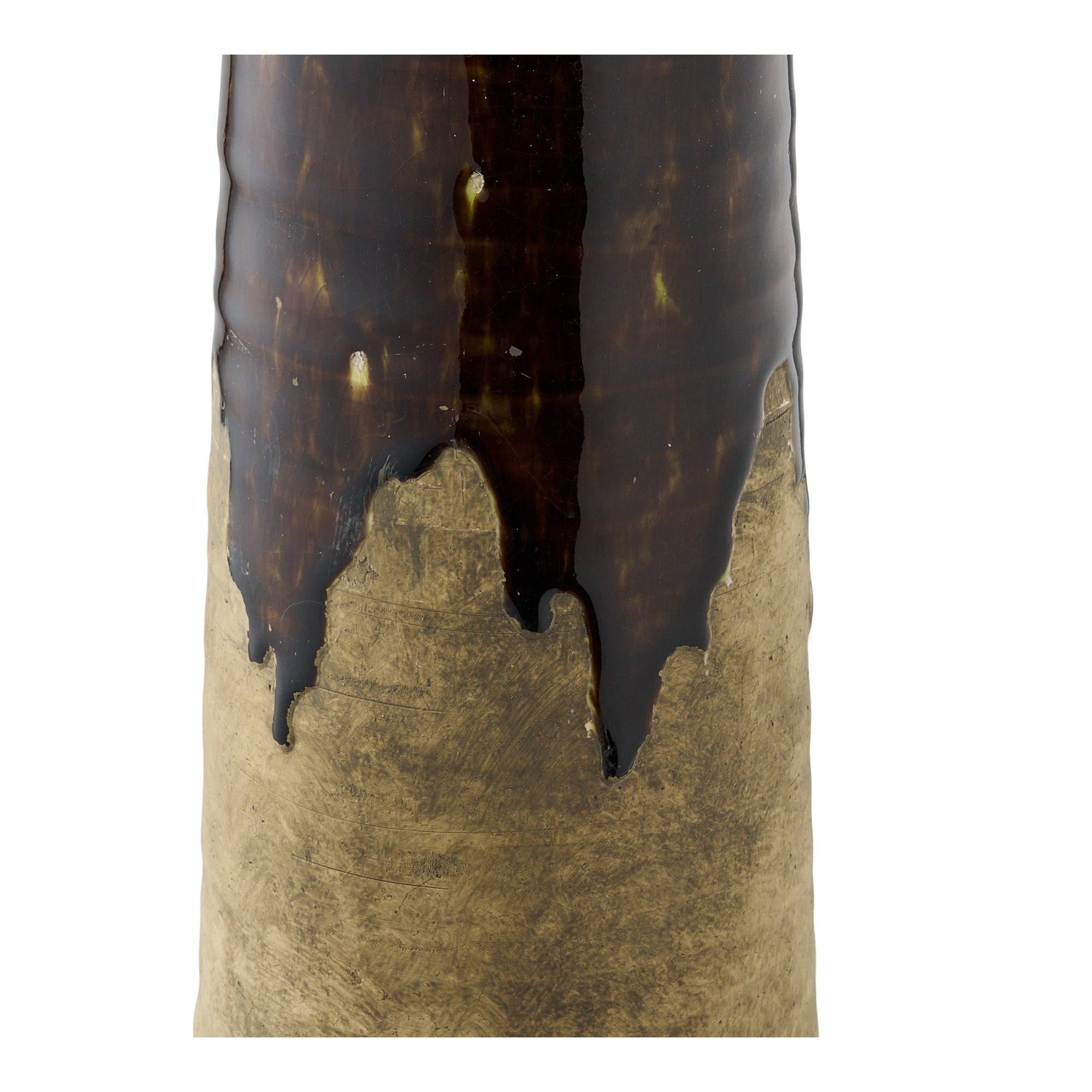 Grand vase céramique brun tabac détail frontière coulures glaçure noire sur grès brut ocre
