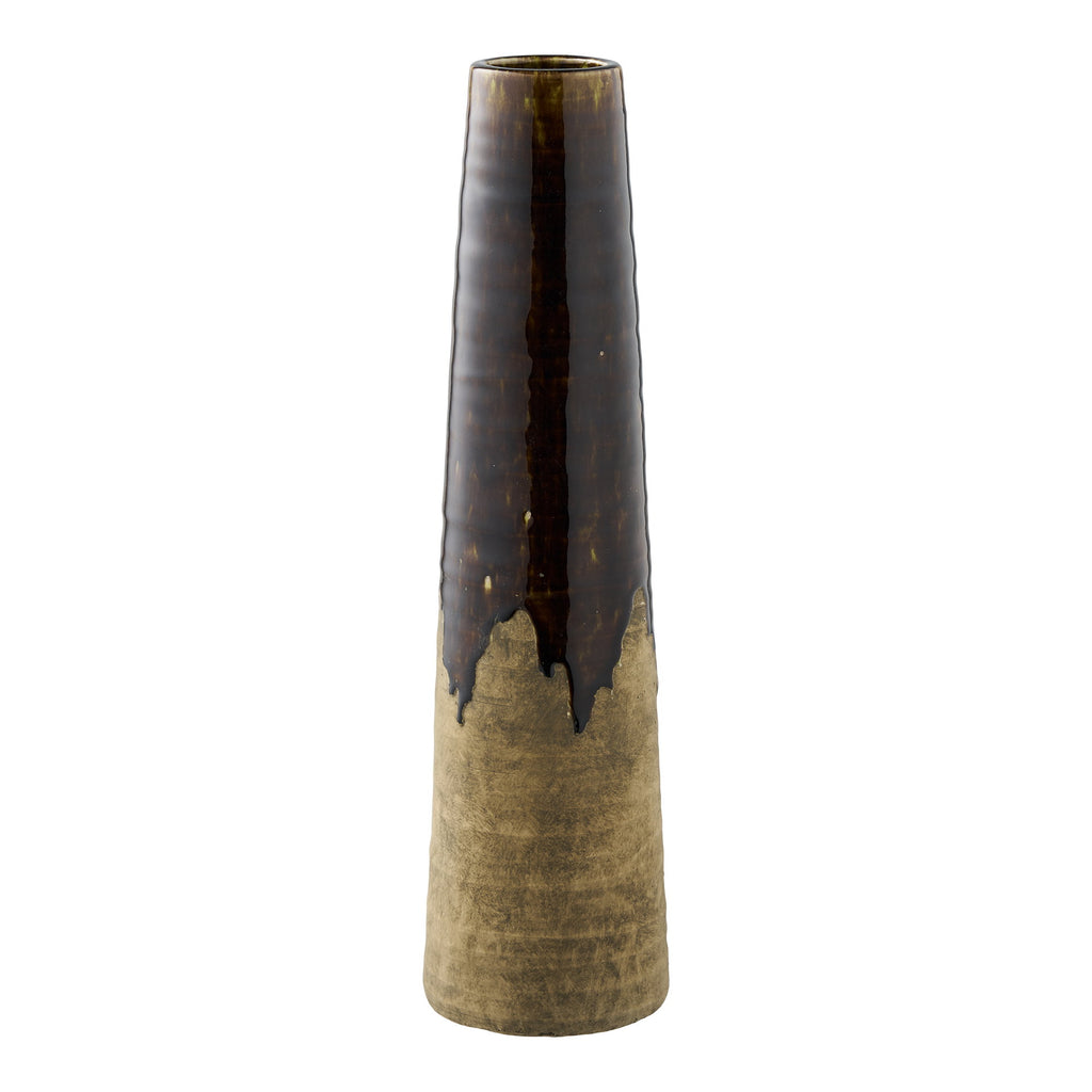 Grand vase céramique effilé brun tabac grès brut Ø12,5 H48 cm vue de face artisanal