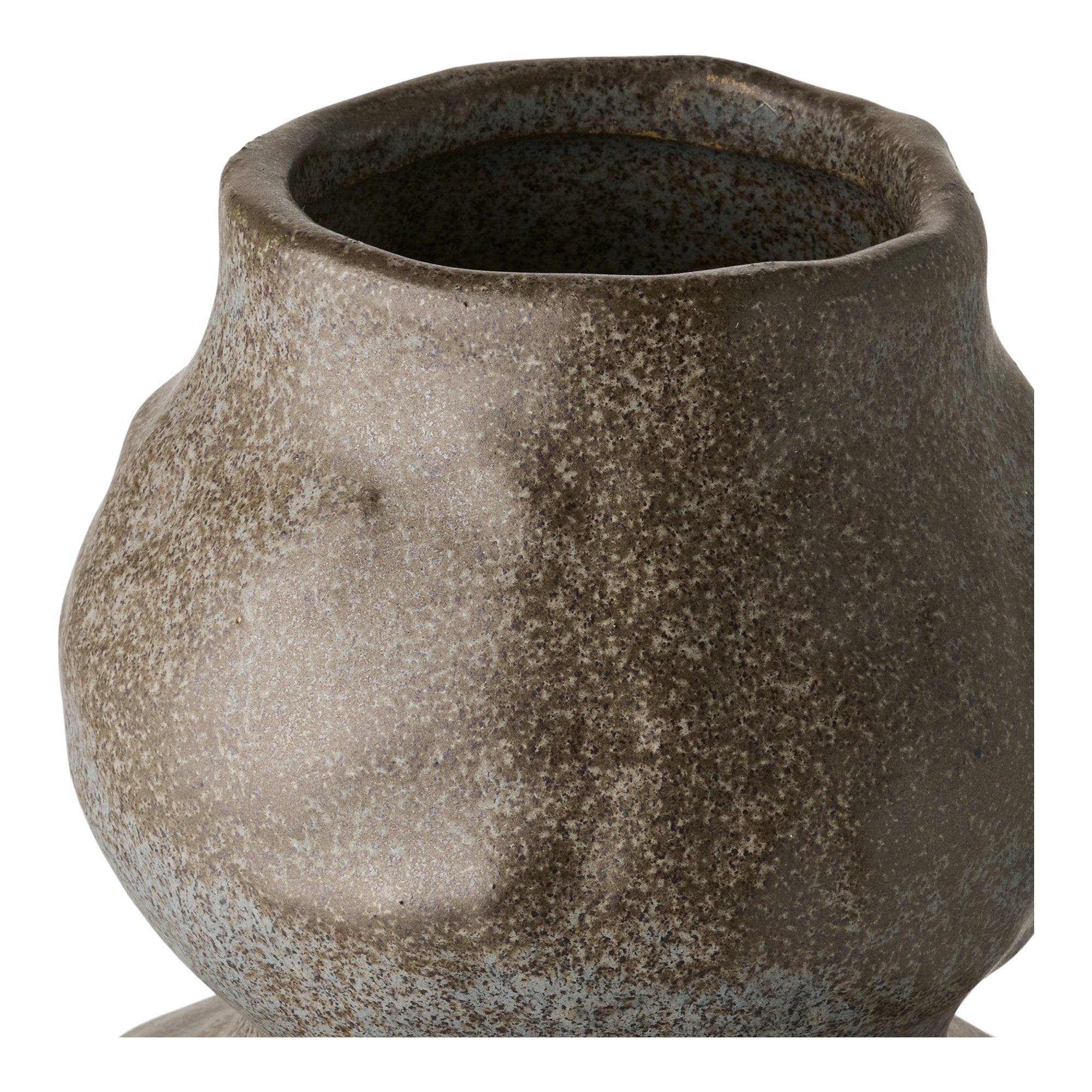 Détail glaçure mouchetée gris anthracite bleuté ouverture vase céramique organique