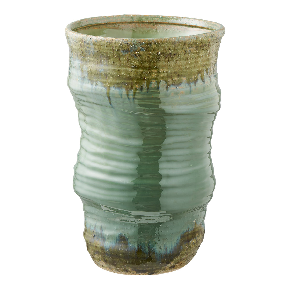 Vase en céramique vert céladon émaillé silhouette ondulée col et pied mouchetés kaki