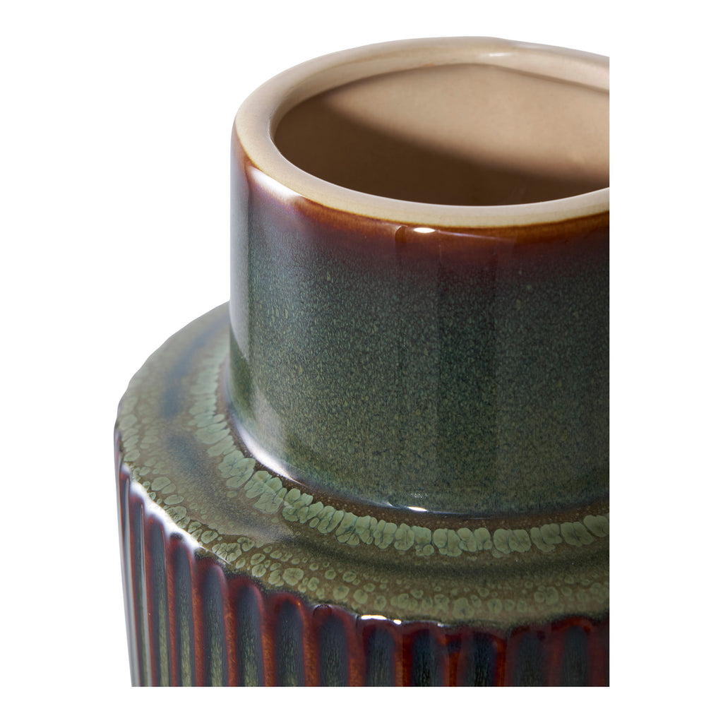 Détail col collerette et émail réactif bordeaux vert vase céramique kaki