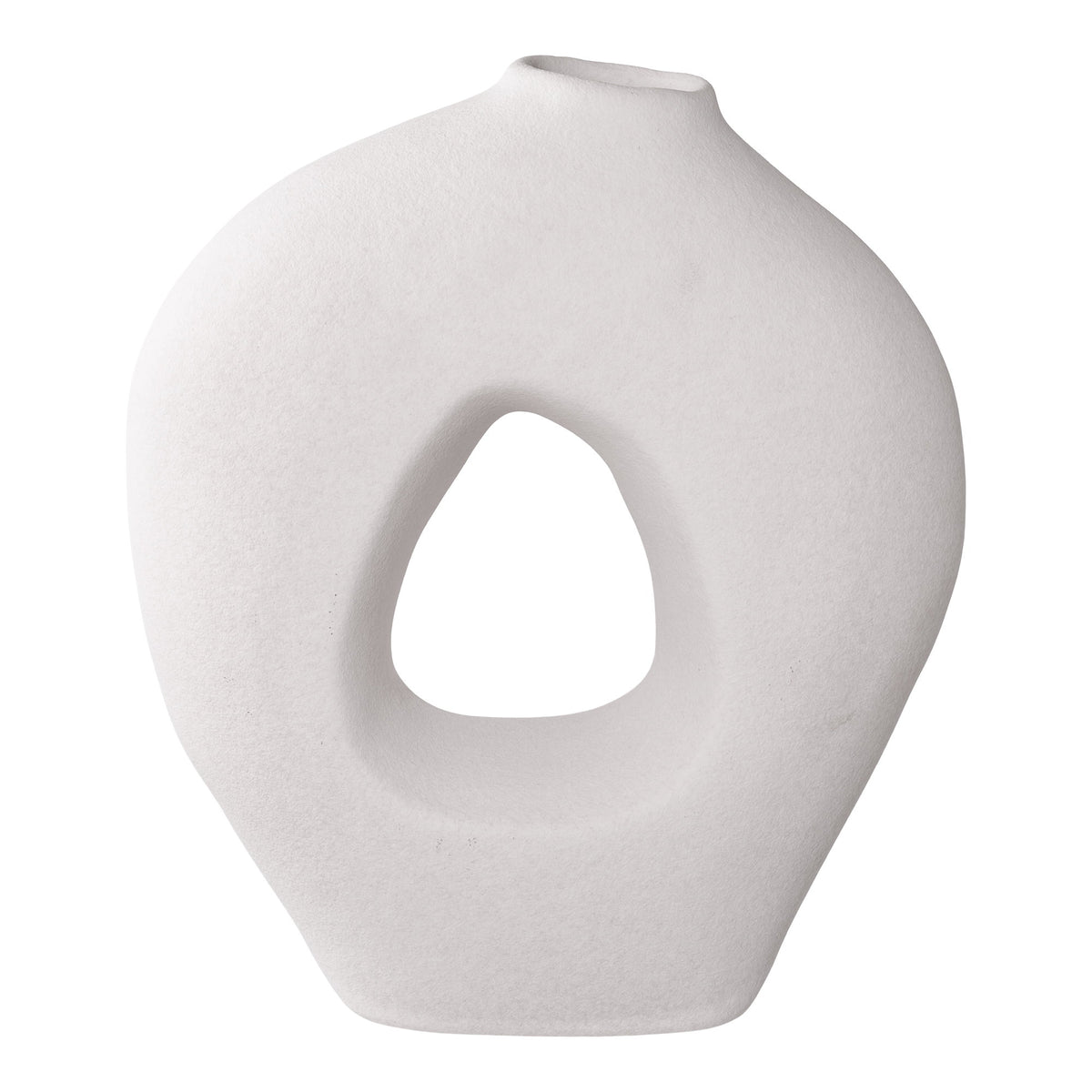 Vase en céramique blanc mat en forme d'anneau percé en son centre vu de face sur fond blanc