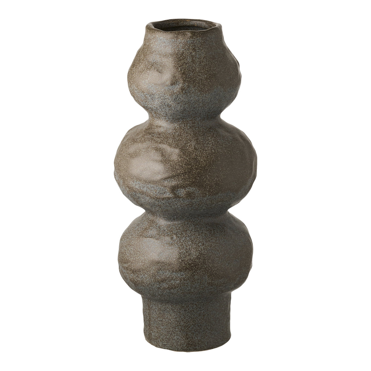 Vase en céramique gris taupe moucheté à trois renflements vu de face sur fond blanc