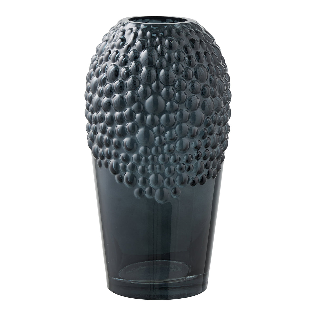 Vase en verre gris ardoise à relief de bulles sur le haut et base lisse translucide vue de face