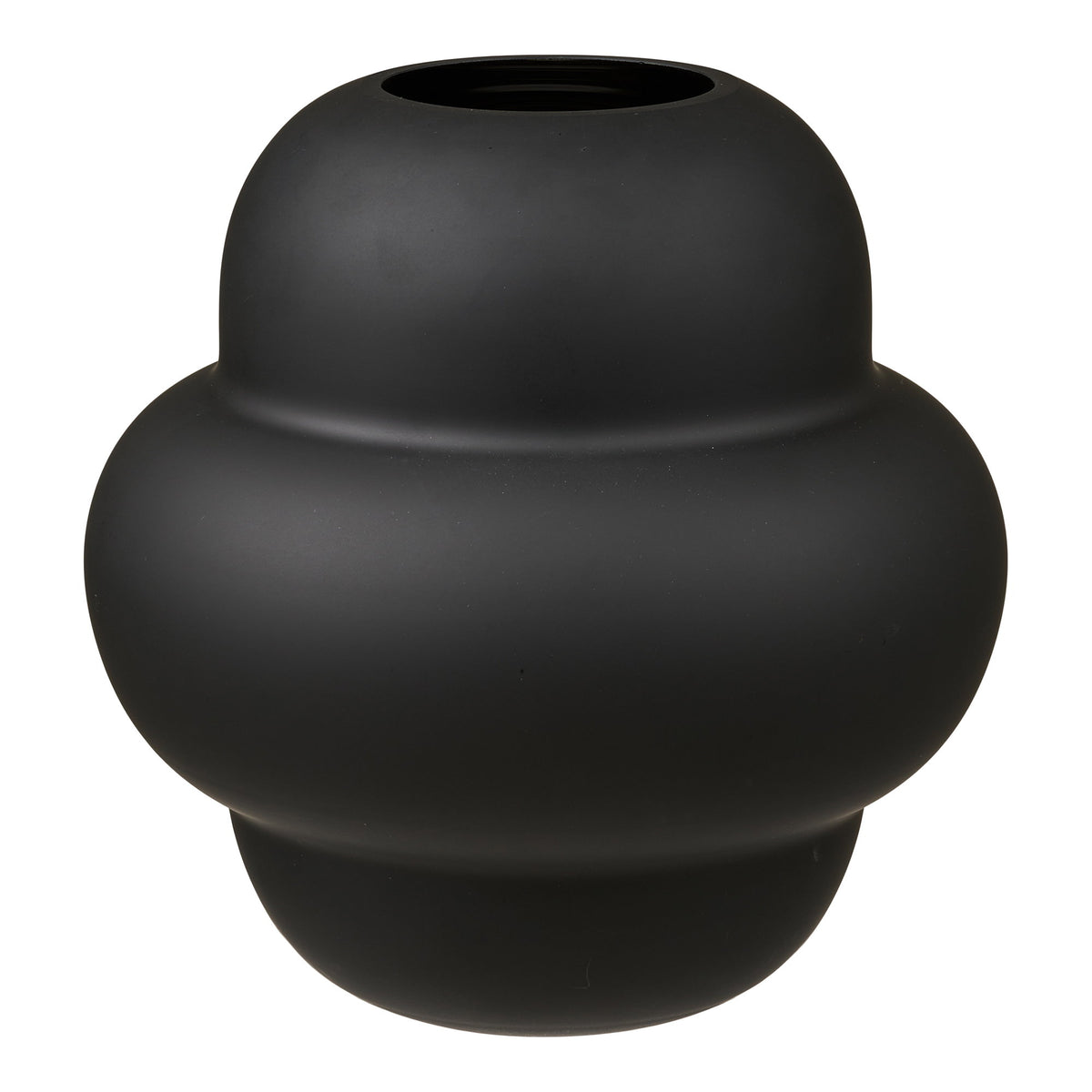 Vase en verre soufflé noir mat à trois volumes arrondis superposés vue de face