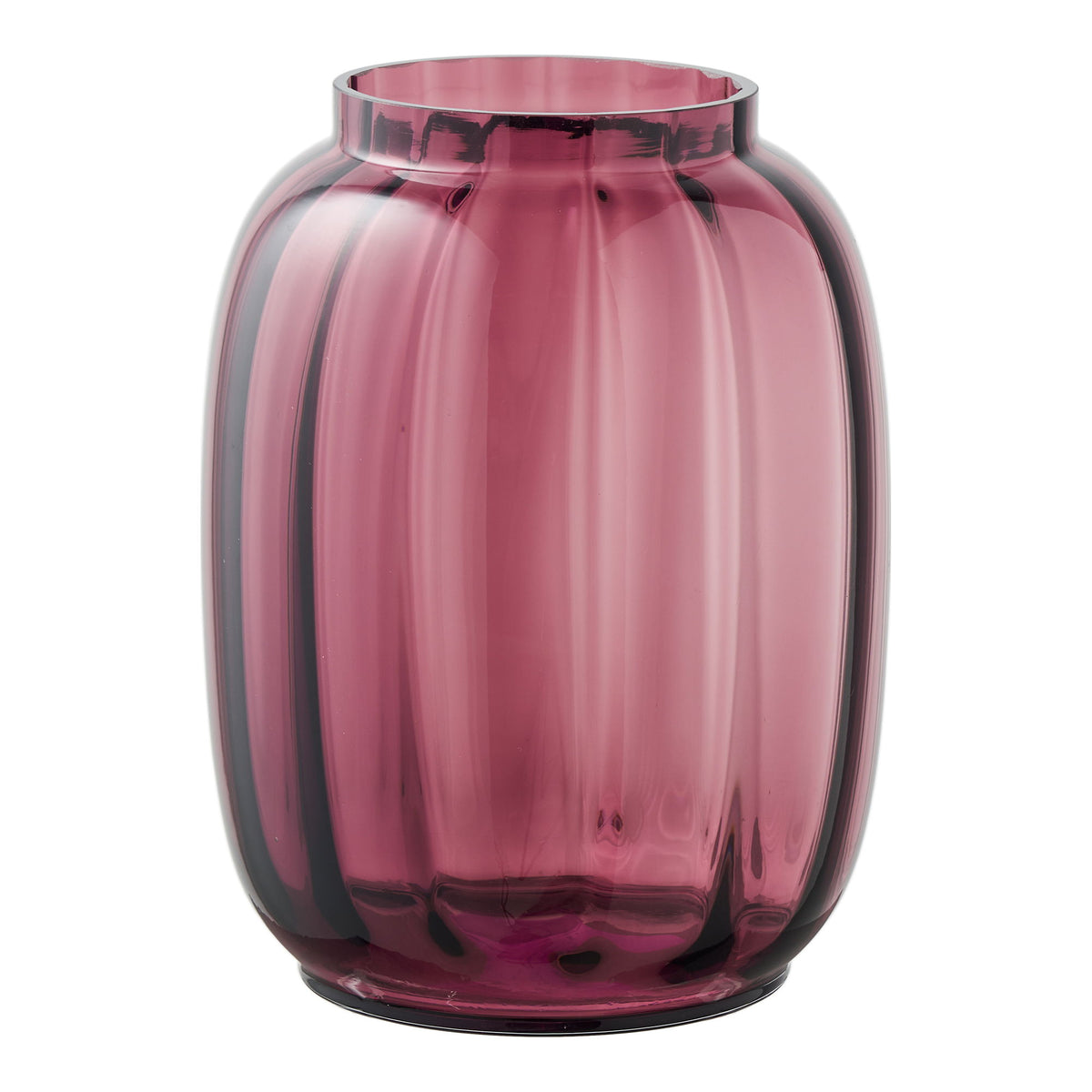 Vase en verre soufflé rouge châtaigne translucide à côtes verticales et col court vu de face