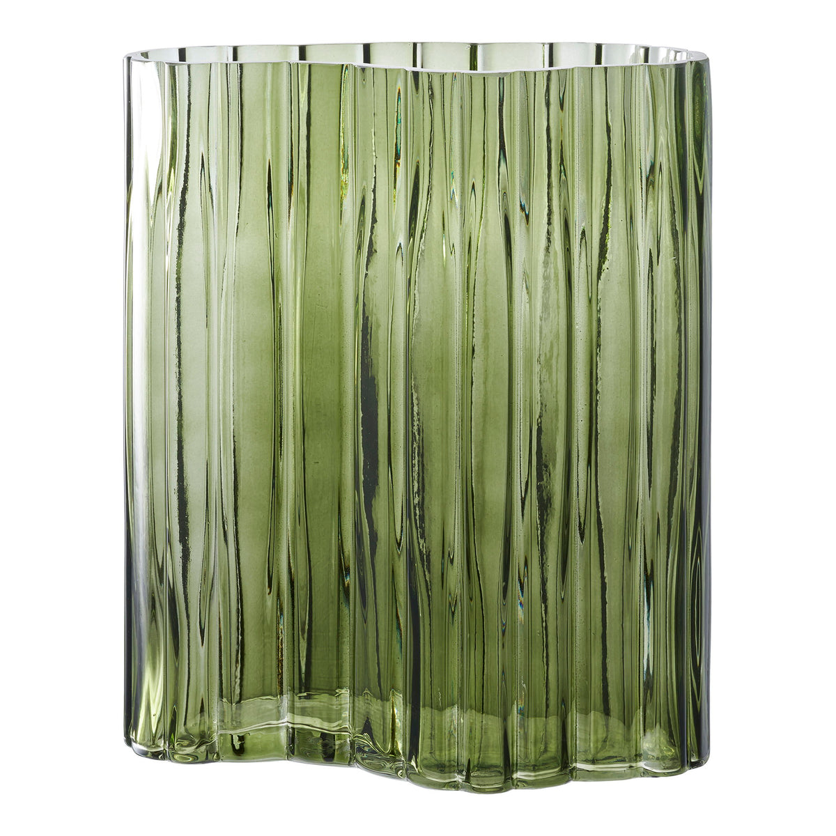 Vase en verre vert fumé strié forme nuage vu de face sur fond blanc