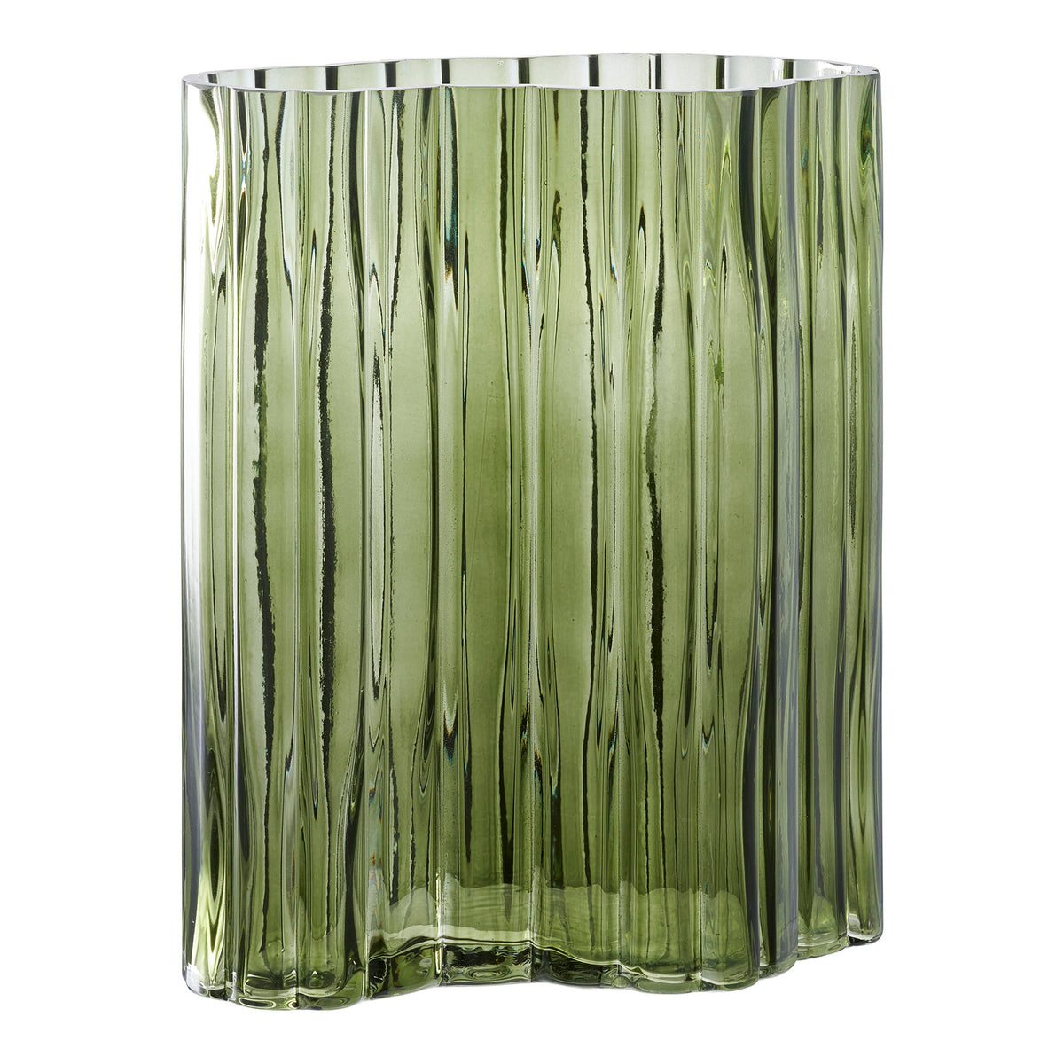 Vase en verre vert fumé vu de trois quarts montrant son contour ondulé en nuage