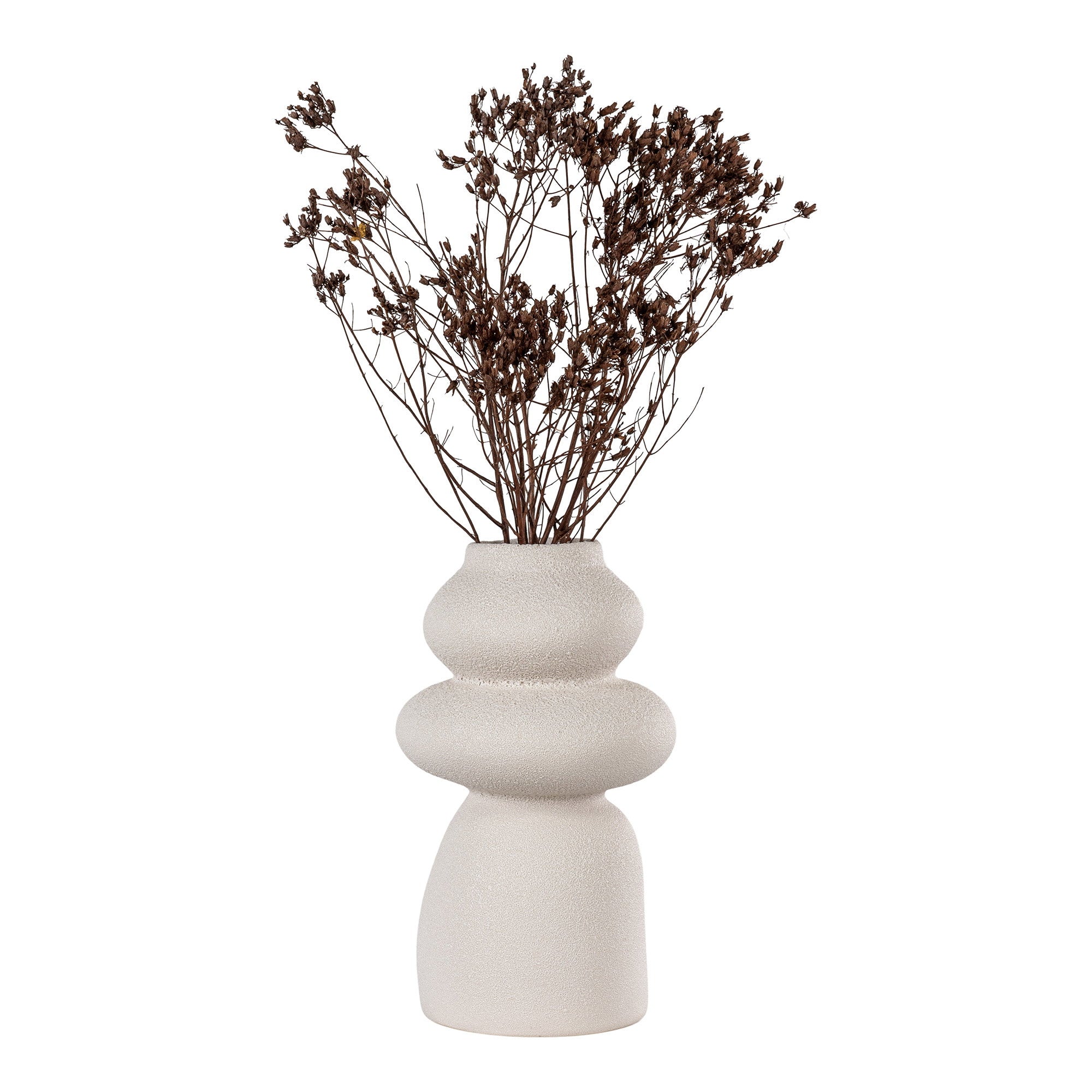 Vase grès beige sablé totem avec branches séchées fond blanc