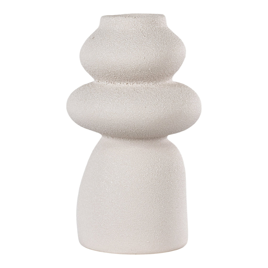 Vase grès beige mat sablé totem triple renflement Ø14,5xH26,5 cm fond blanc