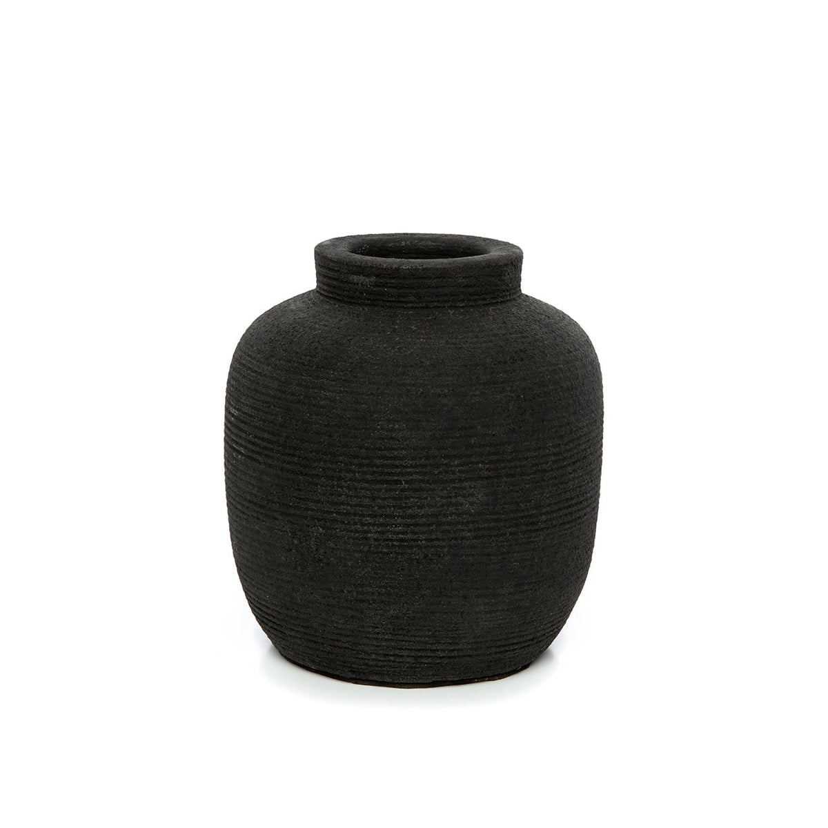 Vase jarre Peaky H 14 cm en terre cuite noire mate nervurée à col épais