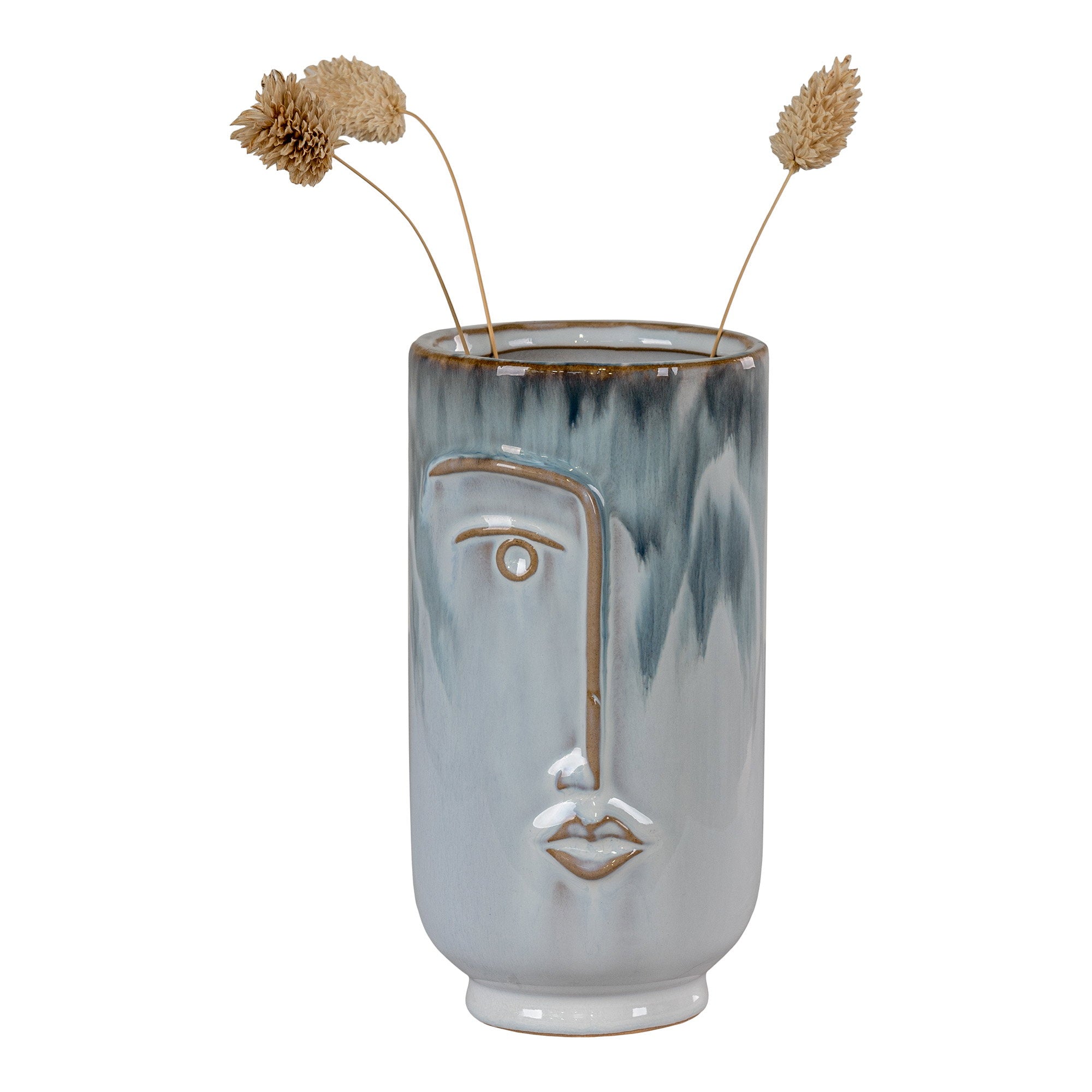 Vase porcelaine bleu émaillé réactif visage relief avec fleurs séchées fond blanc