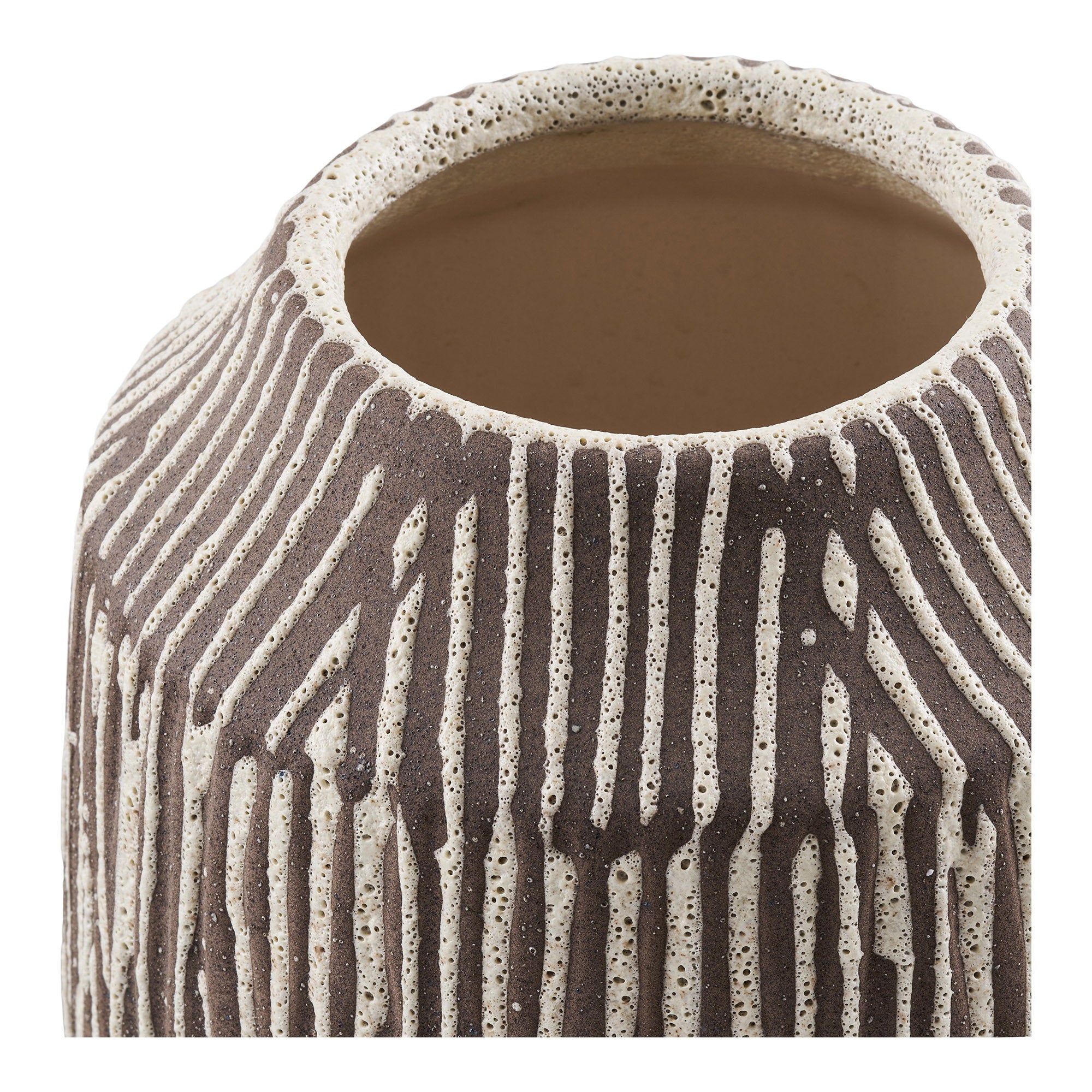 Vase strié céramique brun et blanc vue de face