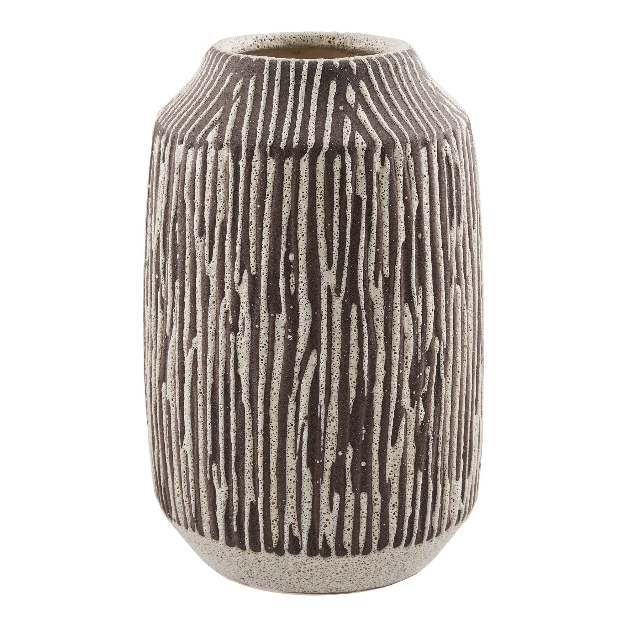 Vase strié céramique brun et blanc